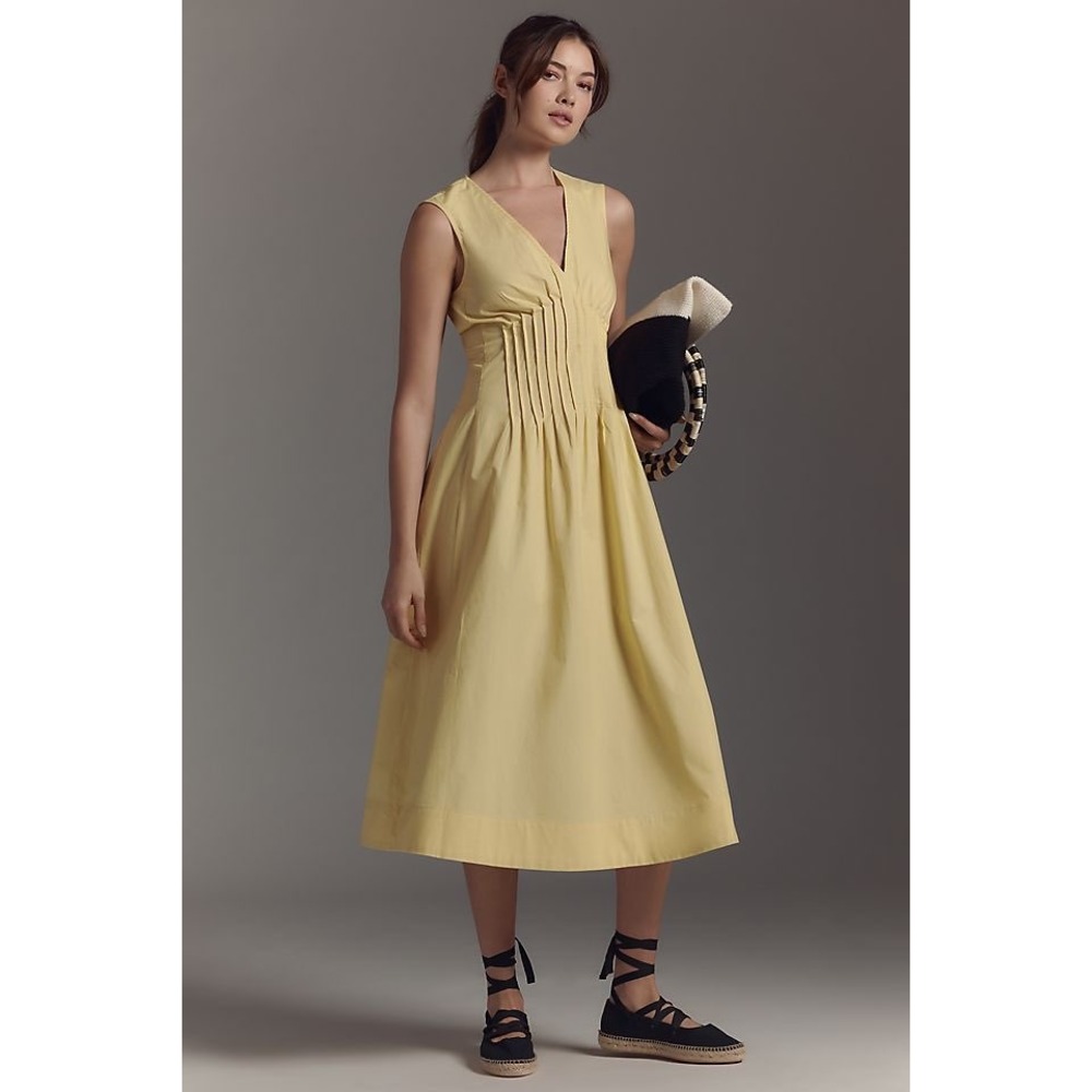 Maeve Anthropologie The Hailey Dress Butter Yellow Pintuck Pleated Cotton Midi M